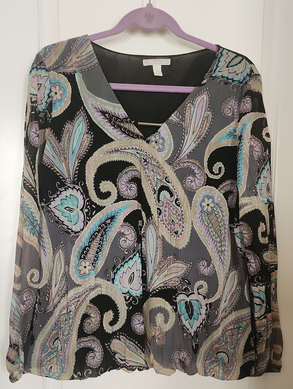 Dana Buchman Black Paisley V-Neck Blouse with Teal & Lavender Accents Size L